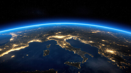 Obraz premium Illuminated peninsula at night with glowing coastal cities and serene atmosphere