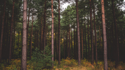 Fototapeta premium Tall pine forest with soft autumn undergrowth and moody light