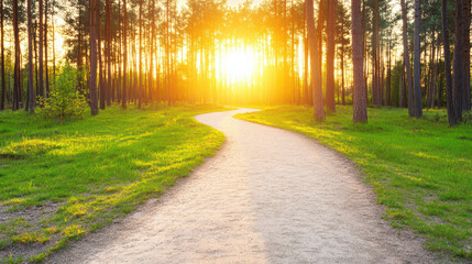 Obraz premium Sunlit forest path winding toward bright sunrise, peaceful natural trail and trees