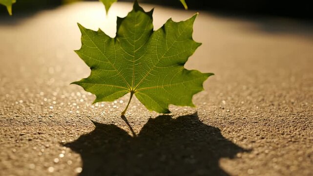 A Single Green Maple Leaf Casts a Shadow on a Textured Surface.