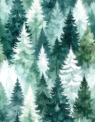 Watercolor depiction of a dense forest of evergreen trees