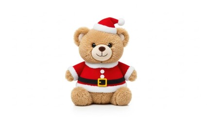 Cute brown teddy bear wearing a festive Santa Claus hat and suit, sitting on a white background.