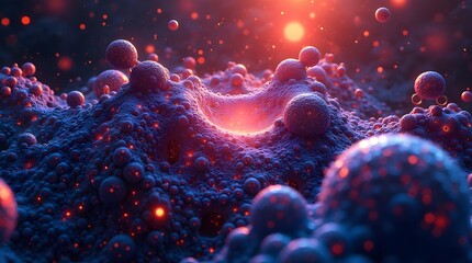 Fototapeta premium Abstract microscopic landscape featuring bumpy surfaces and spheres in purple and red lighting, suitable for nanotechnology, microbiology, and alien terrain concepts.