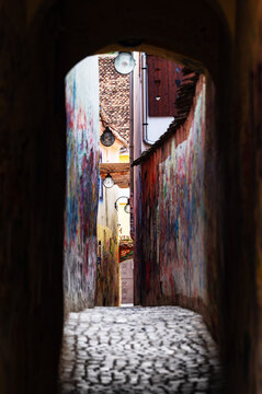 Brasov, Romania October 5, 2025 Famous narrow street Strada Sforii english Rope or String Street in old part of Brasov city