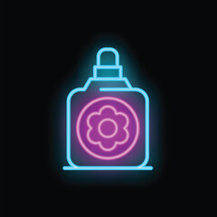 Neon sign of a cosmetic product with a floral scent, glowing against a dark background