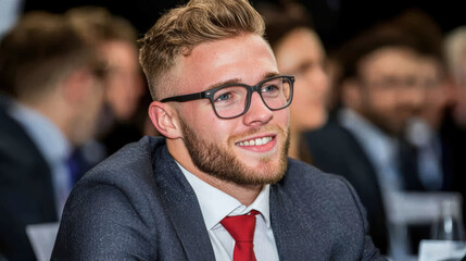 Young professional man with glasses smiling during networking event, confident and engaged