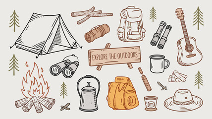 Explore the Outdoors Camping and Hiking Essentials Illustration © Digishopppp