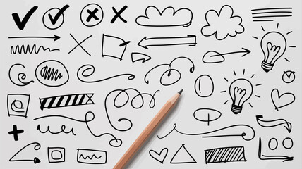 Hand drawn doodle icons and pencil on paper for creative planning and brainstorming ideas.