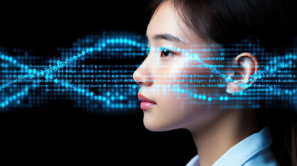 Young scientist profile with glowing blue DNA data stream overlay conveying innovation and focus