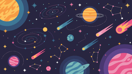 Colorful Cosmic Scene with Planets, Stars, and Meteors in Space © Digishopppp