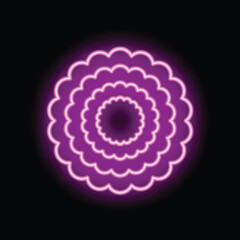 Round glowing neon frame with scalloped edges forming flower petals is glowing on a black background