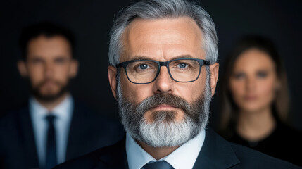 Mature businessman with gray beard and glasses leading team in studio portrait