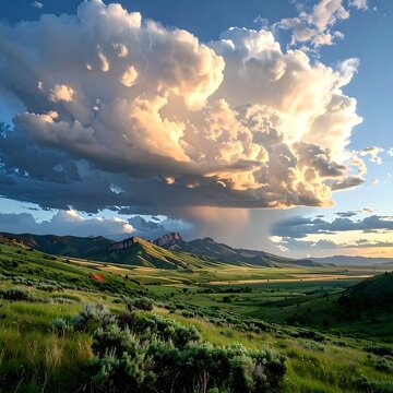 Vast landscape with towering clouds and green rolling hills