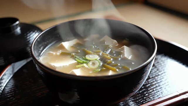 Bowl of steaming miso soup with tofu and seaweed