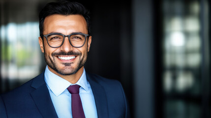 Fototapeta premium Confident businessman smiling in suit and tie wearing glasses