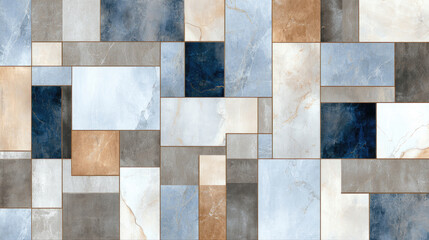 Abstract geometric marble tiles with neutral colors and textures.