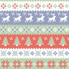 Christmas Pixel Knit Pattern With Reindeer Trees And Ornaments Vector Background