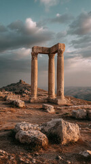 Fototapeta premium Ancient Roman Columns in Dramatic Landscape Under Cloudy Sky