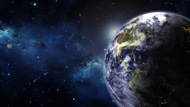 4K animation of Earth rotating in space with stars and nebula in the background.