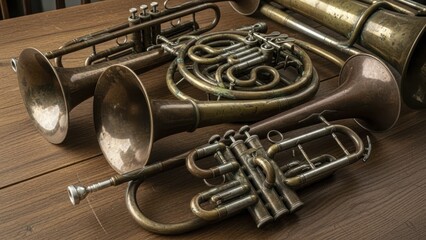 Assortment of aged brass wind instruments rests upon a wooden surface
