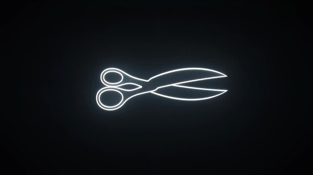 Bright white line art scissors floating in a black, grainy background