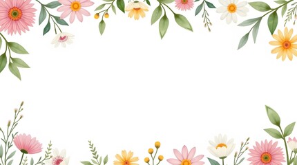 Obraz premium Watercolor style floral border featuring pink and yellow flowers with green leaves on a white background, perfect for wedding invitations, greeting cards, and stationery.