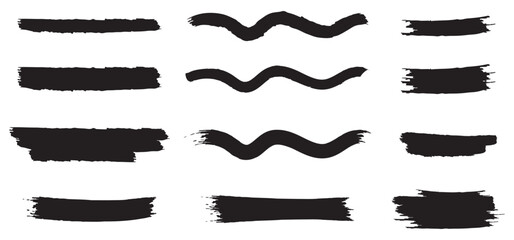 Vector brush streaks pack marker ink strokes grunge. Collection of vector paint bold brush strokes, hand drawn thick grunge lines and rectangle shapes modern grunge. Ink brush stroke set, black grunge