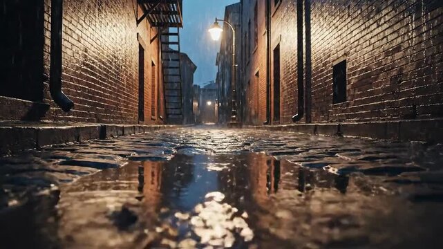 Captured Atmospheric Cinematic View of Wet Cobblestone Street at Night With Lights