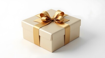 Obraz premium Elegant gold gift box with a satin ribbon bow isolated on a white background, representing luxury, holidays, birthdays, and premium surprises.