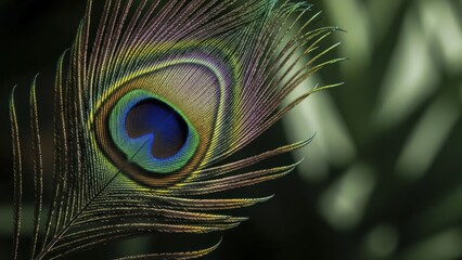 Intricate detail of an iridescent tail feather showcases vibrant coloration against a dark setting
