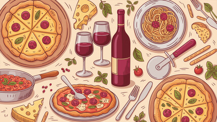 Italian Food and Drink Spread with Pizza, Pasta, Wine, and Cheese