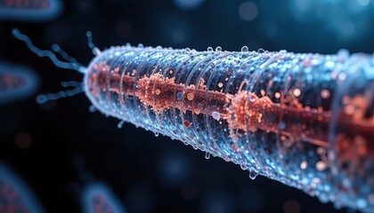 Detailed microscopic view of bacteria cells with flagella, ideal for medical research, scientific publications, or educational materials about microbiology