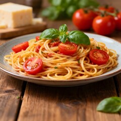 Fresh tomato spaghetti with basil and simple tomato sauce on a rustic wooden table for food photography