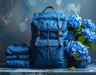 Water-repellent Blue Backpack with Hydrangeas and Folded Rain Jacket
青い紫陽花と折りたたまれたレインジャケットを添えた撥水性バックパック
