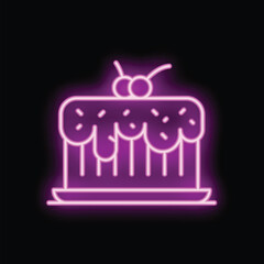Neon sign illuminating a delicious cake with cherries on top on a dark background