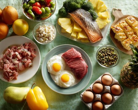 Overhead View of Nutrient Rich Foods Including Fruits Vegetables Eggs and Salmon on Tablecloth