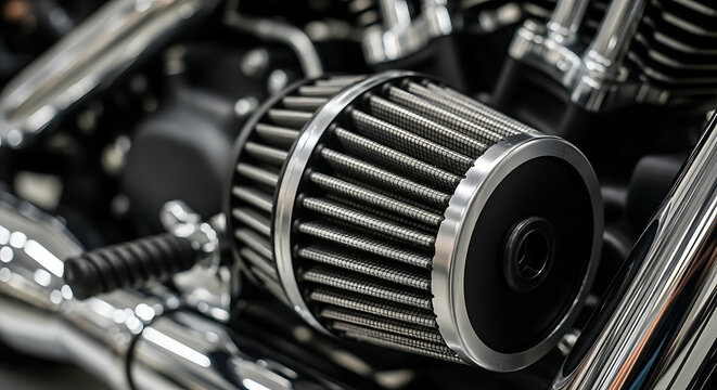Close-up of a high-performance motorcycle air filter, essential engine component detailing its metallic structure
