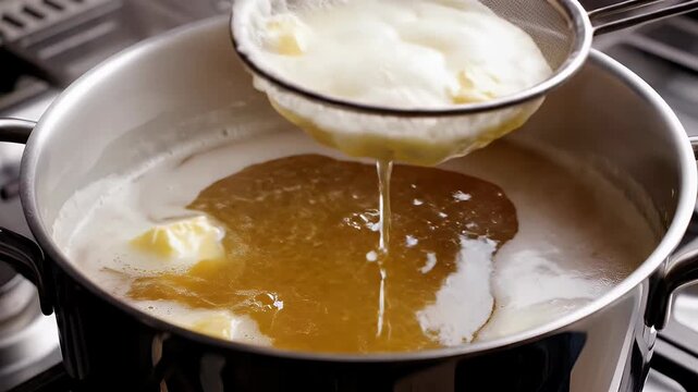 Clarified butter being skimmed from a pot