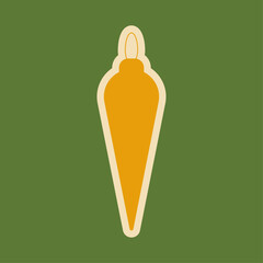 A golden icicle Christmas tree decoration with a white outline on a green background. Christmas sticker. Vector illustration. Festive square background. New Year's stickers.