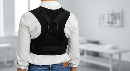 Person wearing posture corrector for back support and improved alignment in a medical setting