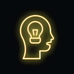 Neon yellow human head profile with light bulb inside having an idea on a black background