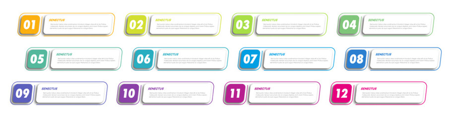 Bullet points numbers from 1 to 12 list markers vibrant color accents, designed for infographics, process, timelines or step by step guides, progress