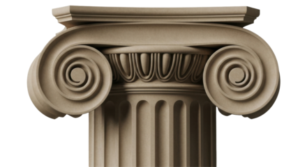 Close-up view of an Ionic column capital with characteristic volutes and fluting, showcasing classical architectural detail.