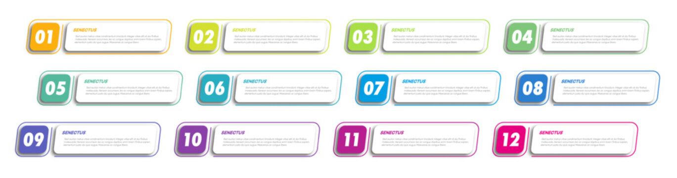 Bullet points numbers from 1 to 12 list markers vibrant color accents, designed for infographics, process, timelines or step by step guides, progress