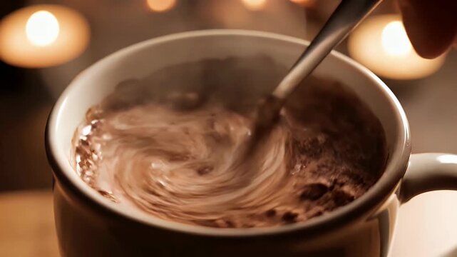 Close up of hot cocoa powder mixing in a mug with spoon