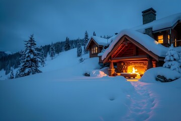 Cozy Winter Cabin with Fireplace in Deep Snow