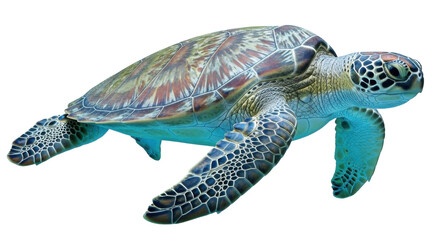 Fototapeta premium A majestic green sea turtle gracefully swims through the water, showcasing its intricate shell patterns and powerful flippers on a clean white background.
