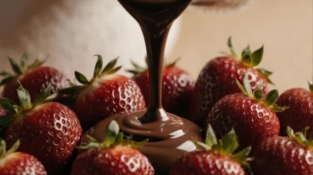 Rich, dark chocolate is poured over fresh strawberries. Background shows an out-of-focus dessert