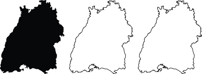 Map of Baden-Wurttemberg with outline in three variations a black silhouette, a white silhouette, and a simple black outline