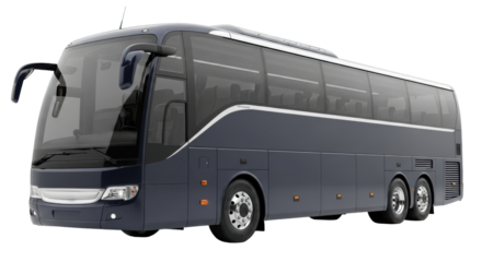 A dark blue modern coach bus with silver trim, isolated on a white background, ready for passenger transport.